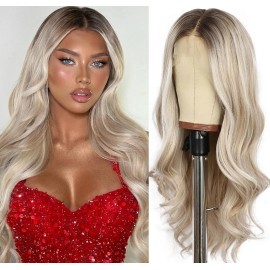 HD Lace Front Wig Human Hair Blend Highlights  Wavy Curly Platinum Ash blonde