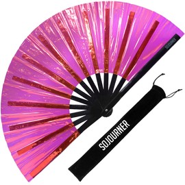 SoJourner Bags Holographic Hot Pink Rave Fan - Large Folding Clack Fan for Men and Women - Rave Accessories for EDM, Line Dancing, Cosplay, Concerts and More