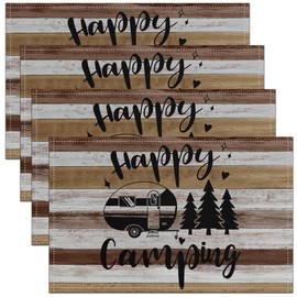 Lodge Cabin Camping Placemats Set of 4,RV Camper Trailer Handrawn Place Mats 12x18 Inch Dining Table Decorations,Country Style Wooden Stripes Table Placemats for Kitchen Decor Dinner Indoor,Brown