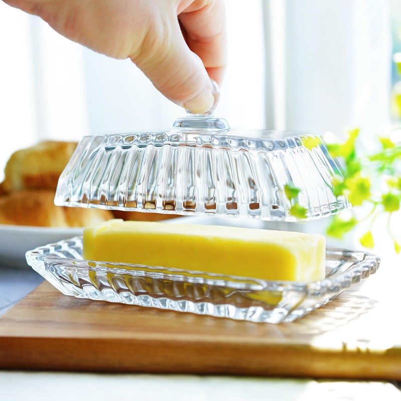 6.5'' Glass Butter Dish with Lid,Clear Classic Covered Butter Container