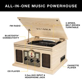 Victrola The Quincy 6-in-1 Bluetooth Record Player & Multimedia Center with Built-in Speakers – 3-Speed Turntable, CD & Cassette Player, AM/FM Radio, Wireless Music Streaming (Farmhouse Oatmeal)