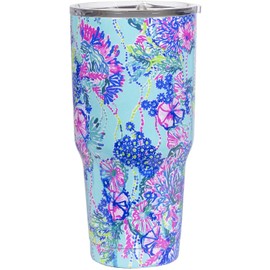 Lilly Pulitzer Women's Large Stainless Steel Insulated Travel Tumbler with Lid, Holds 30 Ounces (Beach You to It)