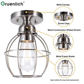 GRUENLICH Semi Flush Mount Ceiling Light Fixture for Outdoor and Indoor, E26 Medium Base 60W Max, Metal Housing and Metal Cage, Bulb not Included, 1-Pack, Nickel Finish
