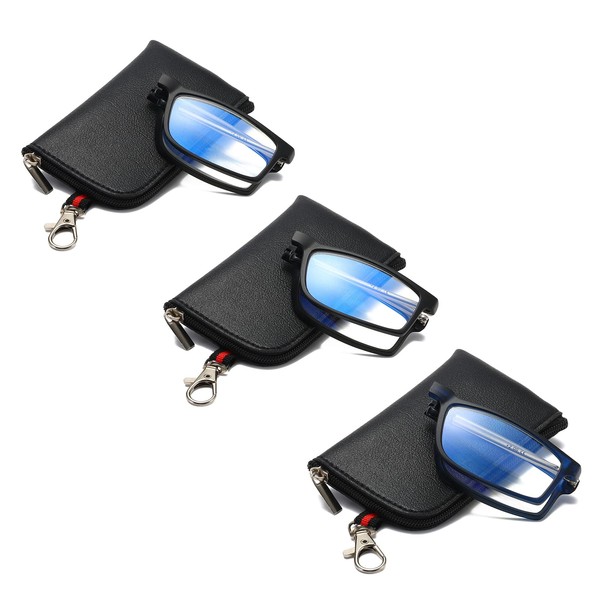 Viseng Gafas de lectura plegables antiluz azul para hombres y mujeres con varilla telescópica portátil moda ultra ligera funda de cuero +2.0