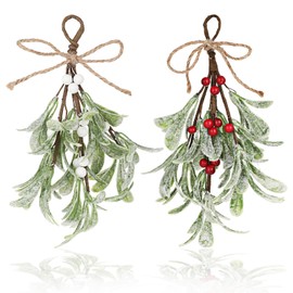 GEEHUA 2 Pcs Christmas Mistletoe Hanging Ornament, Artificial Mistletoe Decor, Mistletoe Kissing Ball Xmas Dry Leaf Hanging Decoration Shiny Christmas Tree Bouquet Accessories for Tree/Door