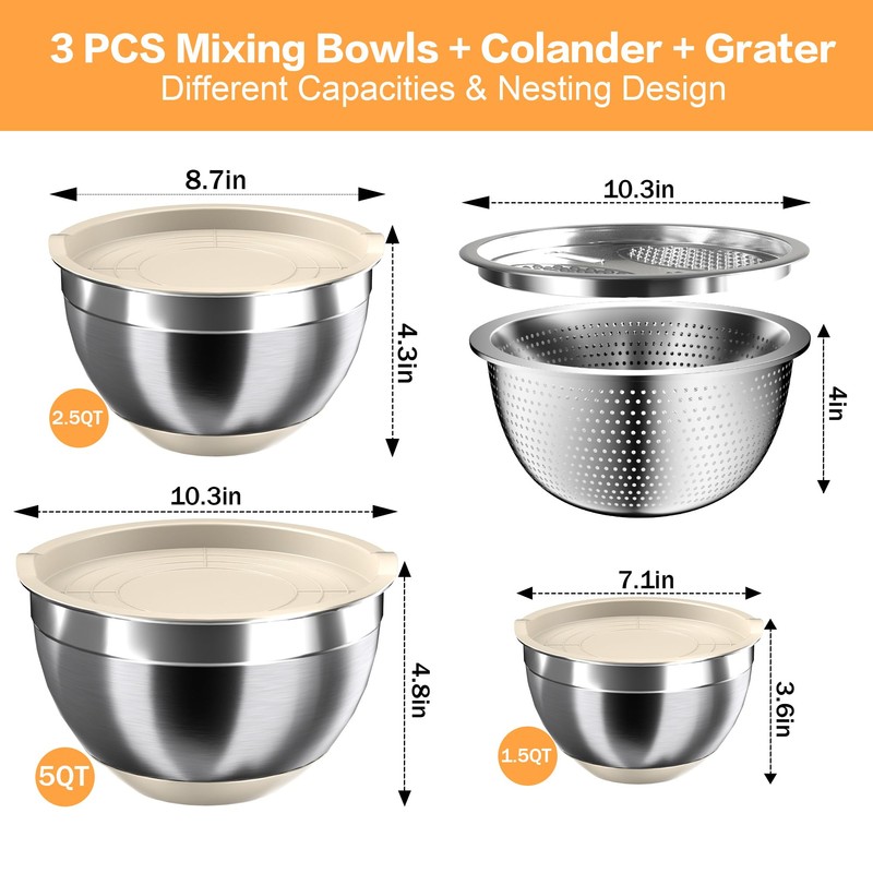 Nicdiet Mixing Bowls with Airtight Lids, Stainless Steel Mixing Bowl