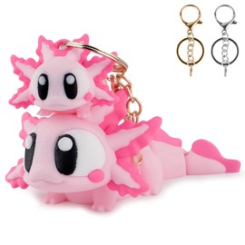 Waaaandefu 3D Printed Bubblegum Flexi Axolotl Set – Articulated Desk Figure 5.4 in & Mini Keychain 3.2 in, Gold/Silver Rings, Poseable Cute Collectible