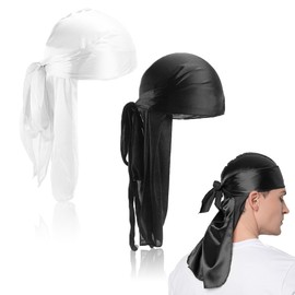 LYQNIHOB 2 Pieces Silk Long Tail Breathable Pirate Head Wrap Cap for Waves Soft Bandana Turban Hat Hair Loss Chemo Cap for Women Men Hip Hop Everyday Decor, Black, white