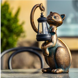 WHIMSYNOOK 10.7" Resin Cat Solar LED Garden Statue Light, Bronze-Colored, Ideal for Porch, Lawn, Yard, Housewarming, or Birthday Gifts for Mom, Family, and Cat Lovers