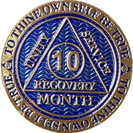 10 Month AA Medallion Dusty Blue Color Gold Plated Sobriety Chip