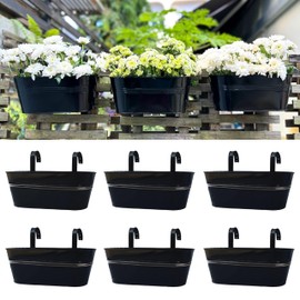 LaLaGreen Outdoor Plants Rail Planter (15 Inch, 6 Pack) Black Metal Iron Hanging Flower Pots Deck Railings Fence Balcony Buckets Modern Boho Style Window Box Plant Holder Hooks Porch Home Garden Decor