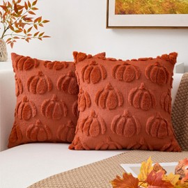 Kevin Textile Fall Pillow Covers 18x18 Inch Set of 2 Soft Pumpkins Decorative Square Pillowcases Plush Autumn Faux Fur Cushions Harvest Gift for Couch Sofa Chair Bedroom Home Decor, Rust