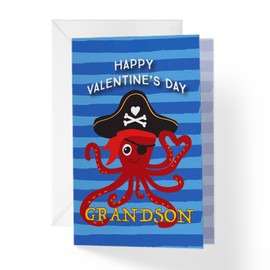 1Up Greetings Valentines Day Card for Grandson | Pirate Octopus | Your Card Helps Animals In Need |5”x7.5” | Single Card + Envelope | Women Owned Small Business Made in USA