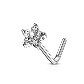 PiercedOff 316L Surgical Steel L Bend Flower Nose Stud with Clear CZ Petals - Thickness 20GA (0.8mm) / Length 6mm / Flower Size 4.6mm