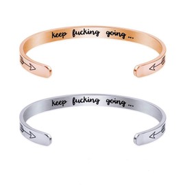 SwirlColor Keep Going Bracelet Silver Rose Gold Cuff Bangle Bracelet Engraved Inspirational Gifts for Women Friends Couple 2 pcs