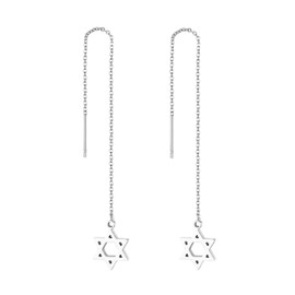 Flongo Women's Chopsticks Pull-Through Earrings, Long Tassel Threader Earrings, with Pendant, Silver, Gold, Rose Gold, Stainless Steel