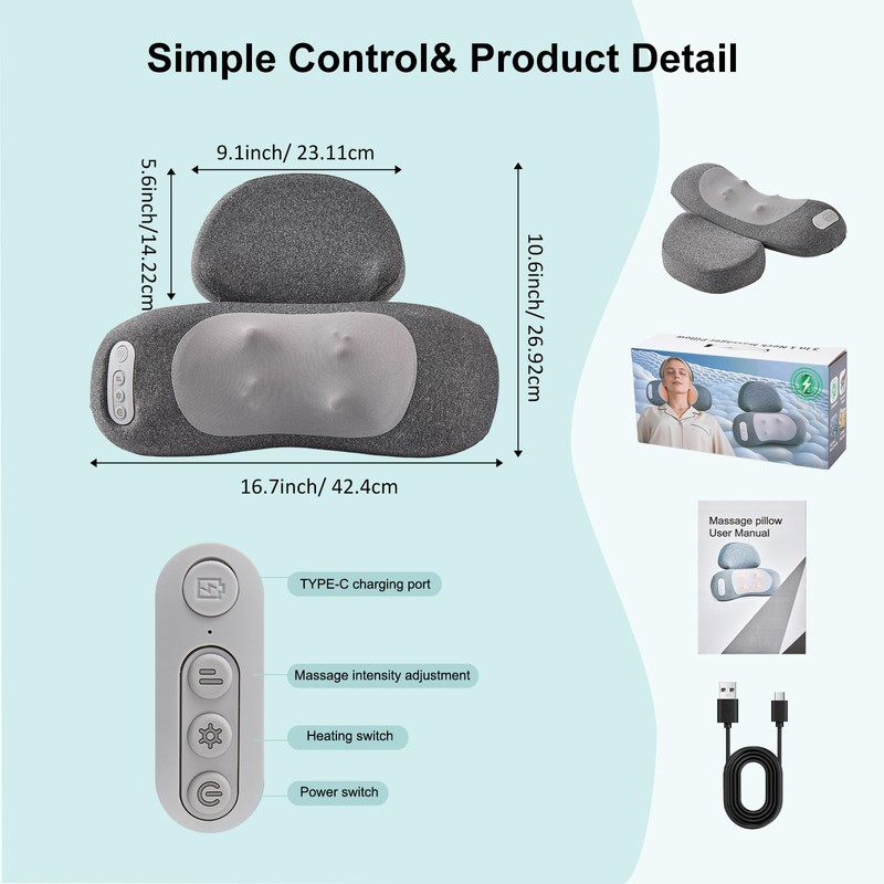 Huieo 3-in-1 Neck Massager Pillow with Heat, 2-Speed Adjustable Deep