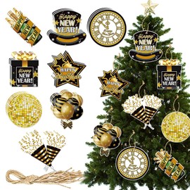 32 Pcs Happy New Year Hanging Ornament Decorations for Christmas Tree, Black Gold Hanging Slices Pendants with Ropes Decor for Merry Christmas Tree New Year Eve Party Home Decorations
