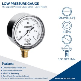 SENCTRL 0-3 Psi Low Pressure Gauge, Capsule Gauge, 2-1/2" Dial Size, 1/4" NPT Lower Mount, Zero Adjustment, for Air Water Gas Pressure Test