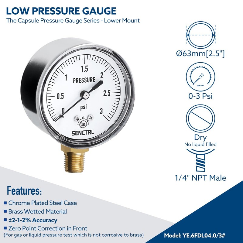 SENCTRL 0-3 Psi Low Pressure Gauge, Capsule Gauge, 2-1/2" Dial