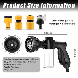 Wevdn Car Wash Nozzle, High Pressure 8 Adjustable Patterns Sprayer with Soap Dispenser, Universal Garden Hose Foam Nozzle for Car Washing and House Cleaning, Car Accessories (Black, 4 Connectors)