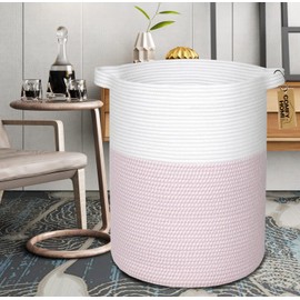 COMFY-HOMI XXL Large Laundry Basket with Handles Blanket Baskets Living Room|Woven Cotton Rope Decorative Basket Laundry Hamper Baby Basket Nursery Dog Toy Storage Organizer Bin-16”x18”-White/Pink