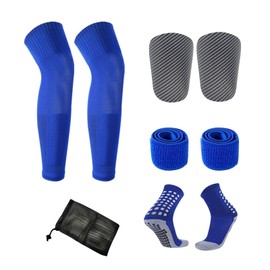 Hopomer Soccer Shin Guards for Men Adult Soccer Grip Socks Soccer Pre Cut Sleeve Socks and Shin Guards Set for Women Mini Shin Guard Soccer Shin Pads Canilleras De Futbol para Hombres(Blue)