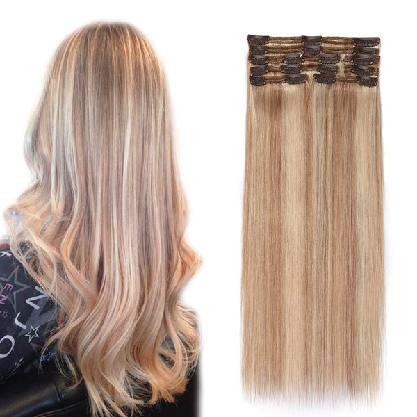 Double Weft Clip in Hair Extensions 100% Remy Human Hair 10''-22'' Grade 7A Quality Full Head Thick Long Soft Silky Straight 8pcs 18clips(22"/22 inch 160g,#18/613 Light Ash Blonde/Bleach Blonde)