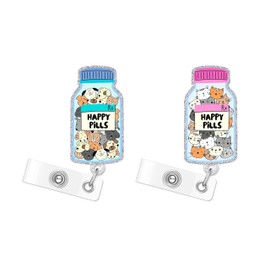 Happy Pills Cat Dog Badge Reels Retractable Funny Cute Badge Holder with Badge Reel ID Clip Name Tag Card Tag Card Badge Clip Acrylic Accessories Gifts Nurse