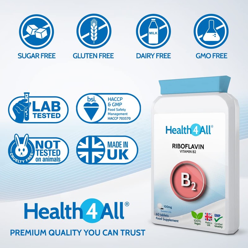 Vitamin B2 Riboflavin 100mg 60 Tablets . Migraine Support, Stress