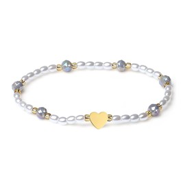MetJakt Handmade Women's Bracelet Gemstone Stretch Bracelet 18 K Gold-Plated Heart 6 mm Crystals Pearl Bracelet Glitter Crystals 4 mm Teardrop Shape Freshwater Pearls Women's Jewellery, Crystal,