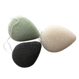 Beavorty 3pc Bamboo Charcoal Facial Cleansing Sponge Natural Exfoliating Drop Shape Design for Sensitive Skin Black Green Beige Gentle Makeup Remover and Massage Tool for All Ages