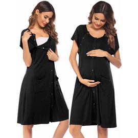 Ekouaer 3 in 1 Labor/Delivery/Hospital Gown Nursing Dress Maternity Nightgown Sleepwear for Breastfeeding with Button S-XXL A-black