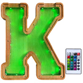 Wooden Letter Piggy Bank for Kids,9inch Kids Money Bank with LED Lights, Alphabet Coin Jar(A-Z), Birthday Gift for Kids, Toys for Boys and Girls(K)