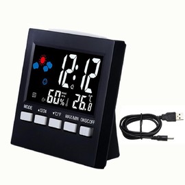 SagaSave Room Thermometer Hygrometer, Digital LCD Display, Temperature Humidity Monitor with Alarm Clock, Weather Forecast and USB Wire, Multifunctional Digital Clock for Home and Office