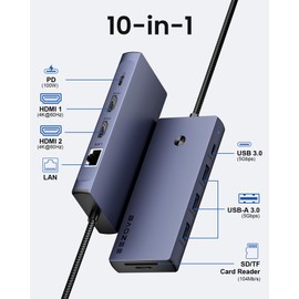 BAOZEE Laptop Docking Station Dual Monitor, 10-in-1 USB-C Hub with Dual HDMI 4K, Ethernet, PD 100W Charging, USB 3.0 USB-A and USB-C with 5Gbps Data Transfer, SD/TF Card Reader, for MacBook, and More