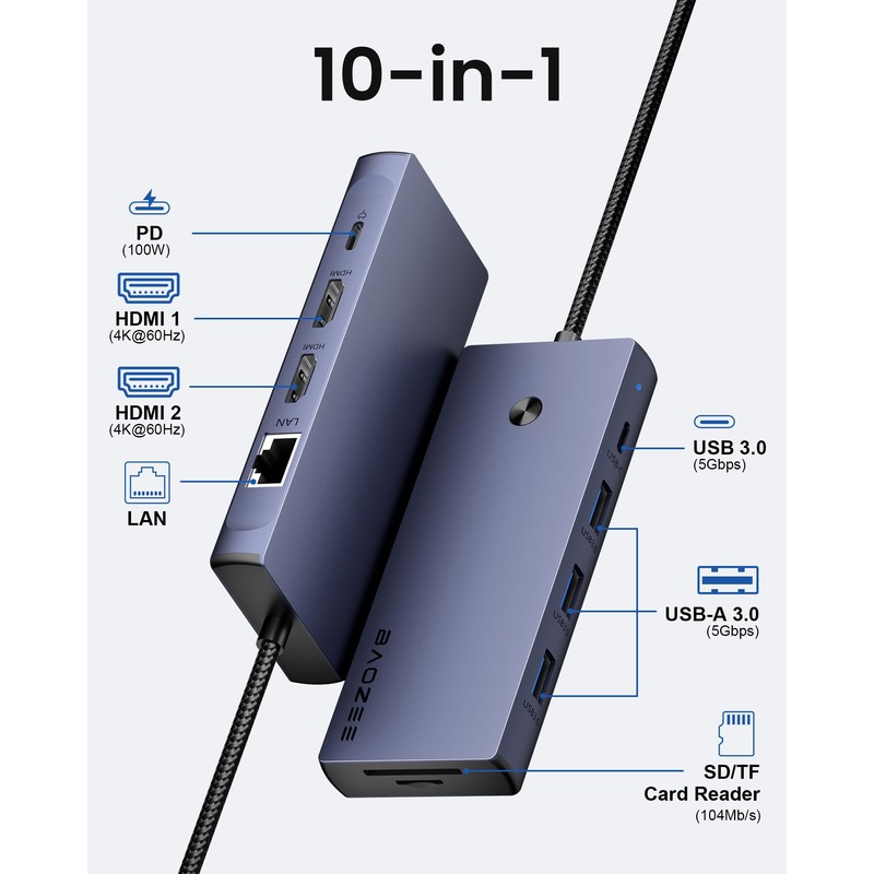 BAOZEE Laptop Docking Station Dual Monitor, 10-in-1 USB-C Hub with