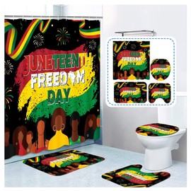 Black History Month Bathroom Shower Curtain Set June 19 1865 African American Emancipation Black Freedom Celebration Bathroom Sets with Rugs(Bath Mat,U Shape and Toilet Lid Cover Mat) and 12 Hooks