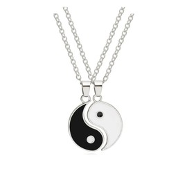 Art Attack Enamel Yin Yang Charm Chain Necklace Set For 2, Peace Love Happiness Besties Best Friends Friendship Forever BFF Black White Pendant Gift (Silver)