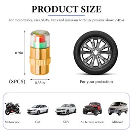 KVAEY 8 PCS Tire Pressure Monitor Valve Caps, 3 Color Eye Alert Tire Pressure Monitor Sensor Indicator, Easy to Read Tire Pressure Monitoring Valve Stem Caps, Car Accessories (Golden)