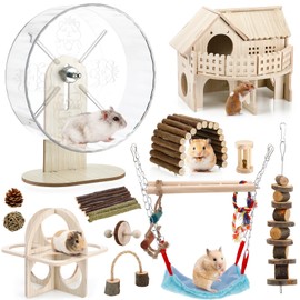 VercanMonth 11 Pcs Hamster Cage Accessories Guinea Pig Toys Set, 9.5 Inch Silent Gerbil Wheel Wooden Hideout Chew Toys Bridges Tunnels for Dwarf Hamster Mouse