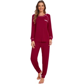 WiWi Viscose from Bamboo Womens Pajamas Set Soft Sleepwear 2 Piece Long SleeveTop with Jogger Pants Lounge S-XXL, Wine, Small