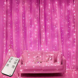 JMEXSUSS 300 LED Pink Curtain Lights, Remote Control Curtain String Lights, 8 Modes Pink Lights String for Bedroom, Valentine's Day, Wall Backdrop, Window, Dorm, Girly Room, Party Decorations( 9.8*9.8ft)