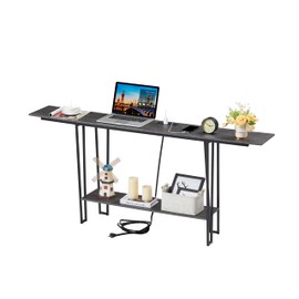 VECELO 70.9 Inch Couch Side & Console Table with 2 Outlets and 2 USB Ports,Narrow Entryway Furniture with Extra Long 9.8 Feet Power Cord,Shelf and Metal Frame,Sturdy and Stable, Easy to Assemble，Grey