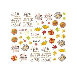 Generic Autumn Leaf Maple Thanksgiving Turkey Pumpkin Water Transfer Nail Sticker M807 Nail Wraps Stickers Manicure Supplies for Women Nails Full Long Lasting Easy Apply and Remove