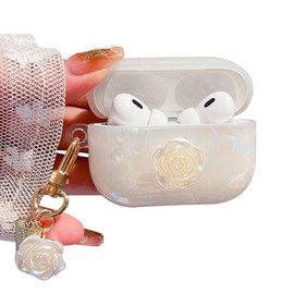PHOEACC Cute Airpod Pro 2 Case Elegant Flower Luxury Glitter Marble Pearl Protective Cover with Keychain Compatible with AirPods Pro 2nd Generation Case for Girls Women (Rose White)