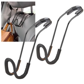 High Road Car Hooks for Purses and Bags with Leather Trim - Unbreakable Car Seat Hooks for Large Purse Straps and Heavy Bags up to 40 lbs - Secure Attachment Loops Fit All Headrest Posts, 2-Pack