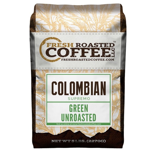 Fresh Roasted Coffee LLC, Green Unroasted Colombian Supremo Coffee Beans, 5 Pound Bag