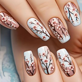Cute Medium Coffin Press on Nails 24Pcs False Fake Nails Simple with Nude White Flowers Design French Tip Full Cover Thick Glossy Acrylic Glue on Nails Stick on Nails for Women Y915