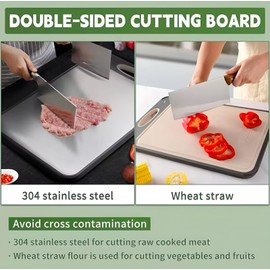 Double-Sided Cutting Board, Stainless Steel & Wheat Straw PP, 40x27cm, Kitchen Food Prep